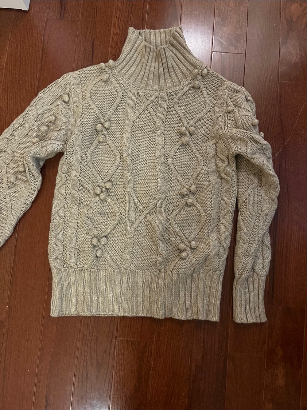 Women's Cream Cable-Knit Turtleneck Pom Pom Sweater